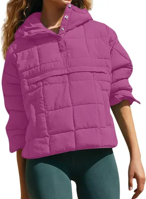 Puffer Pullover Jacket Womens,2024 Button Hooded Quilted Jacket Lightweight Down Coat Packable Oversized Winter Coat