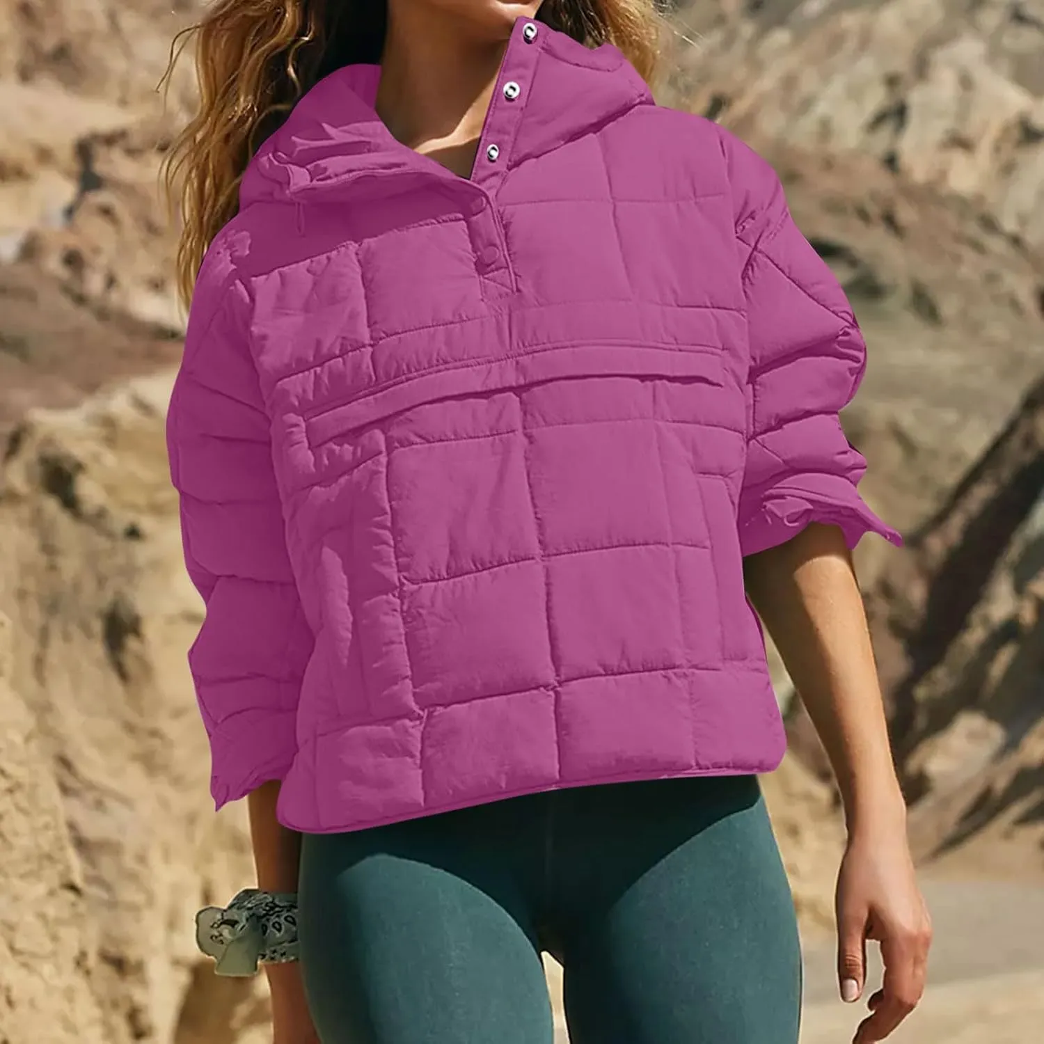 Puffer Pullover Jacket Womens,2024 Button Hooded Quilted Jacket Lightweight Down Coat Packable Oversized Winter Coat