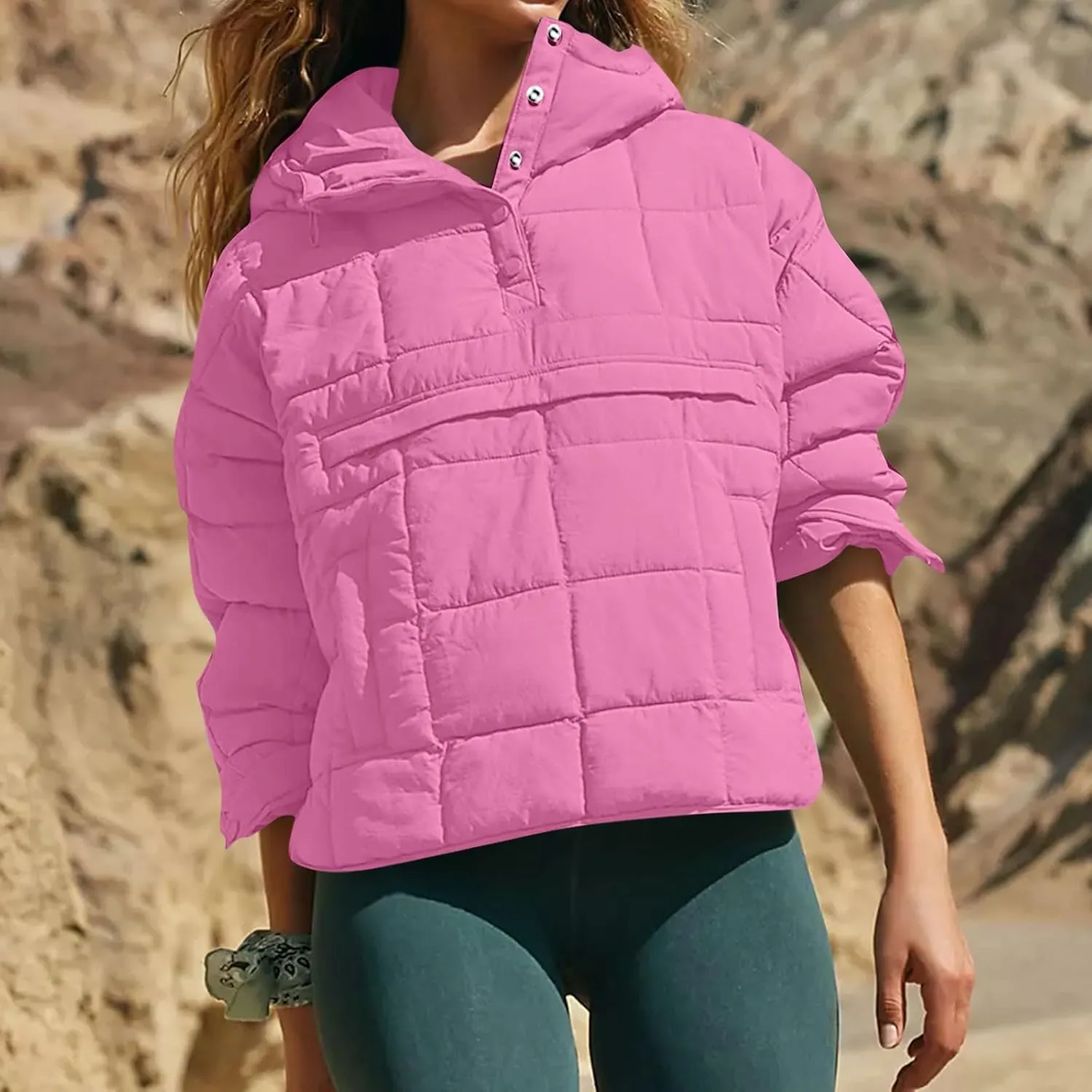 Puffer Pullover Jacket Womens,2024 Button Hooded Quilted Jacket Lightweight Down Coat Packable Oversized Winter Coat