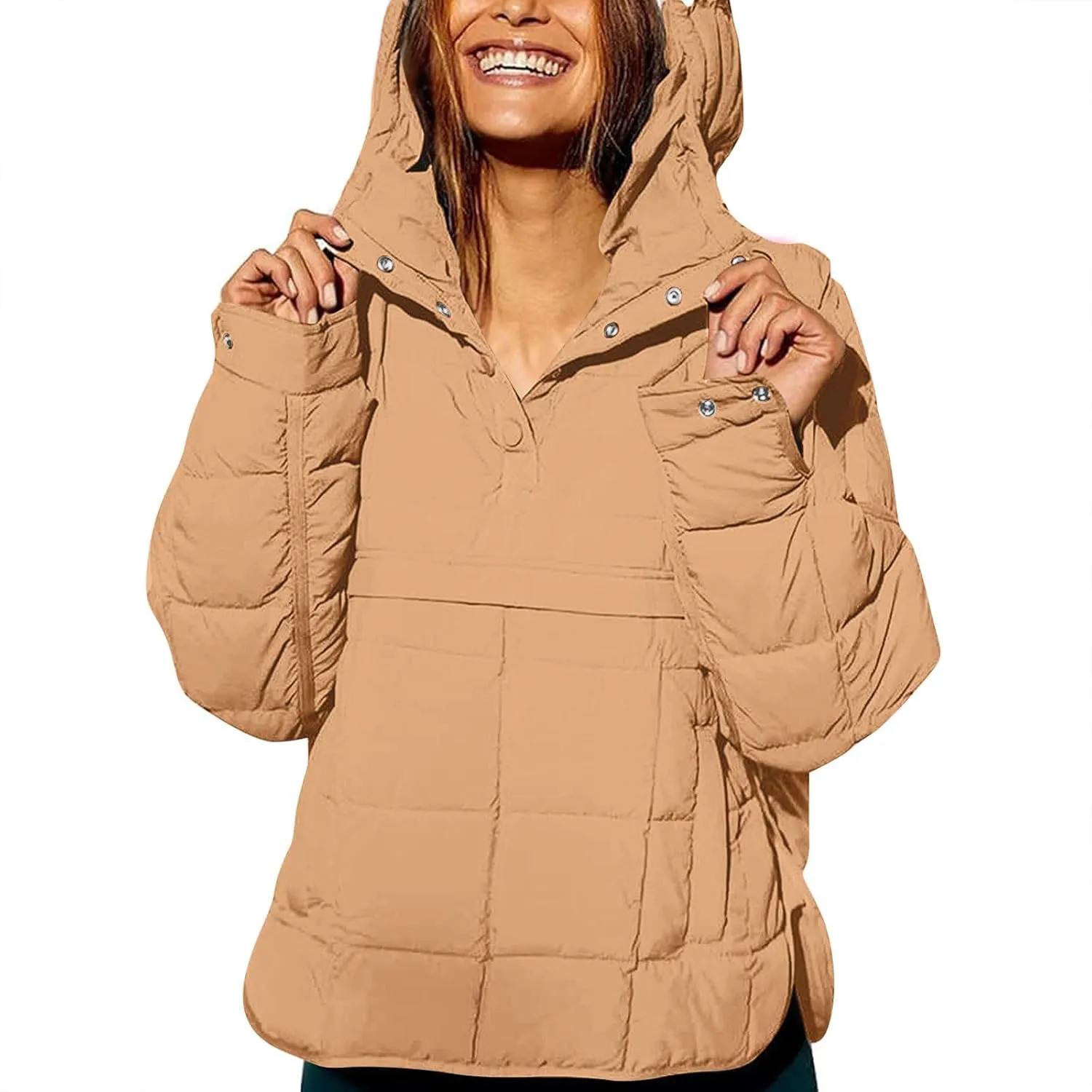 Puffer Pullover Jacket Womens,2024 Button Hooded Quilted Jacket Lightweight Down Coat Packable Oversized Winter Coat