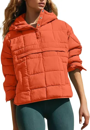 Puffer Pullover Jacket Womens,2024 Button Hooded Quilted Jacket Lightweight Down Coat Packable Oversized Winter Coat