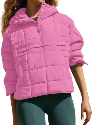 Puffer Pullover Jacket Womens,2024 Button Hooded Quilted Jacket Lightweight Down Coat Packable Oversized Winter Coat