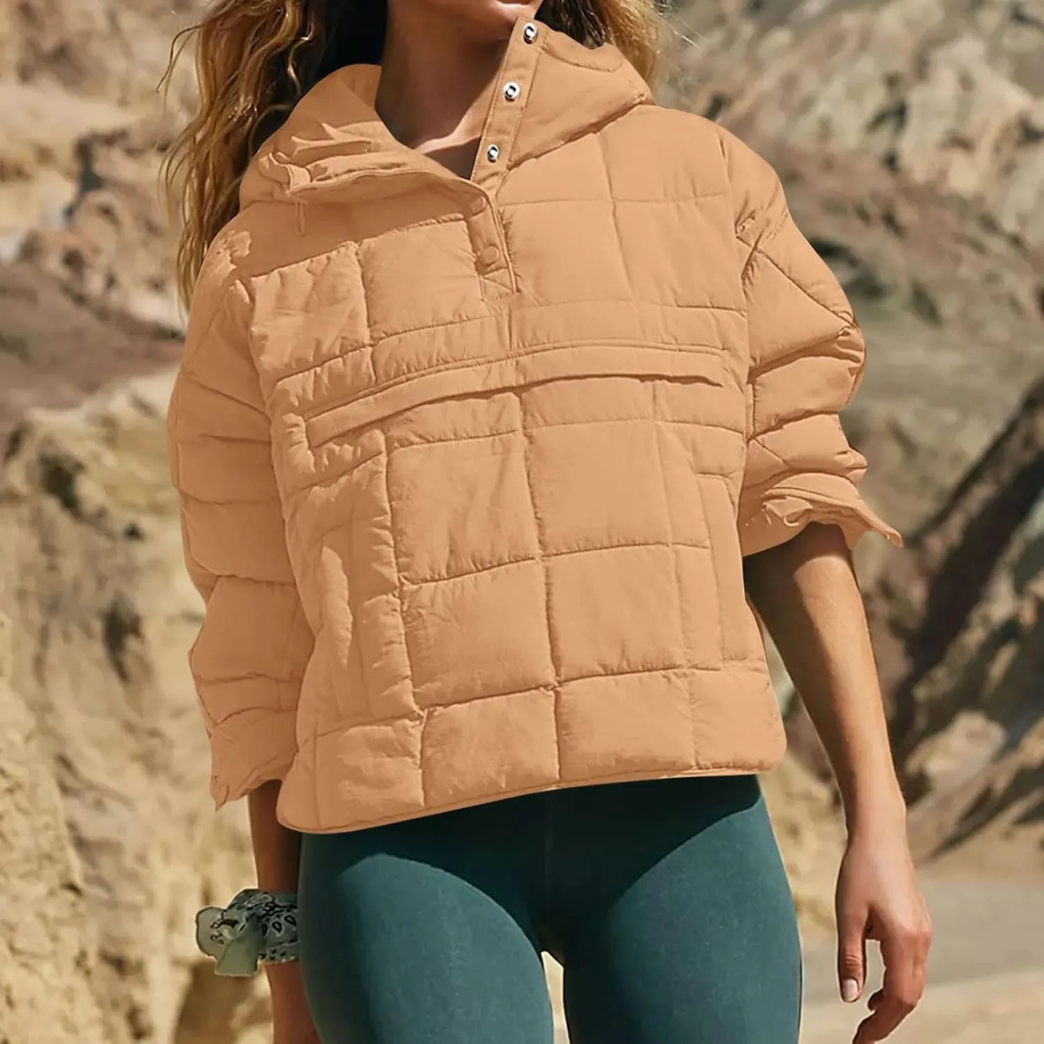 Puffer Pullover Jacket Womens,2024 Button Hooded Quilted Jacket Lightweight Down Coat Packable Oversized Winter Coat