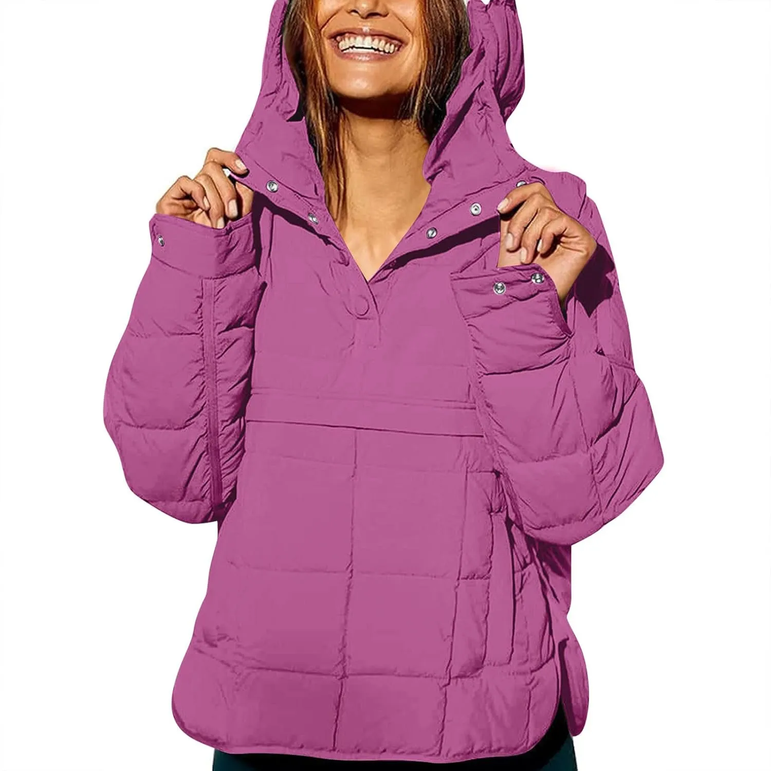 Puffer Pullover Jacket Womens,2024 Button Hooded Quilted Jacket Lightweight Down Coat Packable Oversized Winter Coat