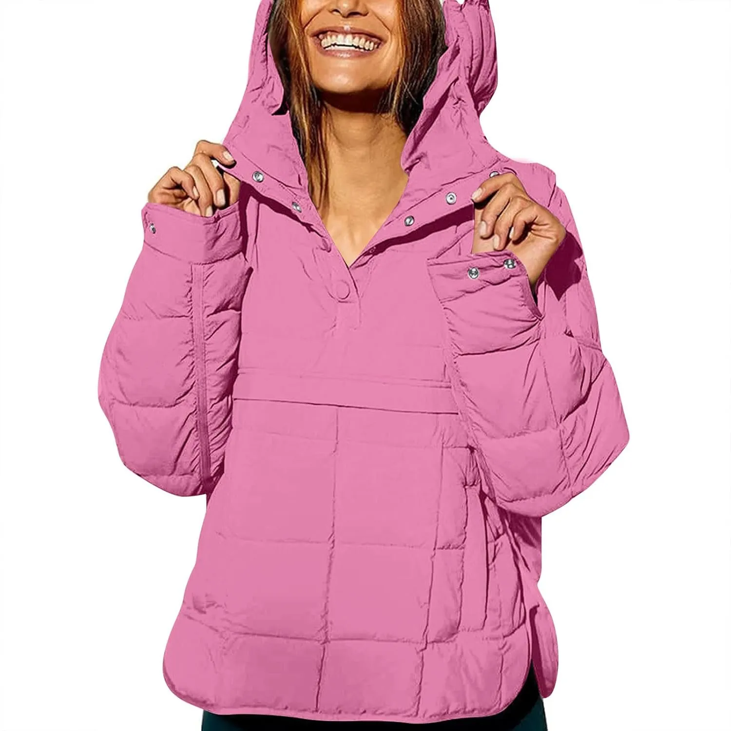 Puffer Pullover Jacket Womens,2024 Button Hooded Quilted Jacket Lightweight Down Coat Packable Oversized Winter Coat