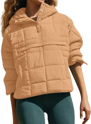 Puffer Pullover Jacket Womens,2024 Button Hooded Quilted Jacket Lightweight Down Coat Packable Oversized Winter Coat