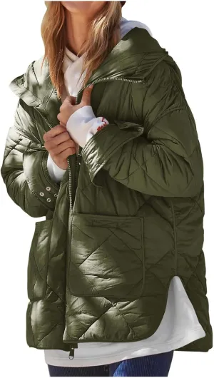 Quilted Puffer Jacket Women Zip up Padded Coat Lightweight Down Jacket Hooded Winter Coats Thermal Outwear