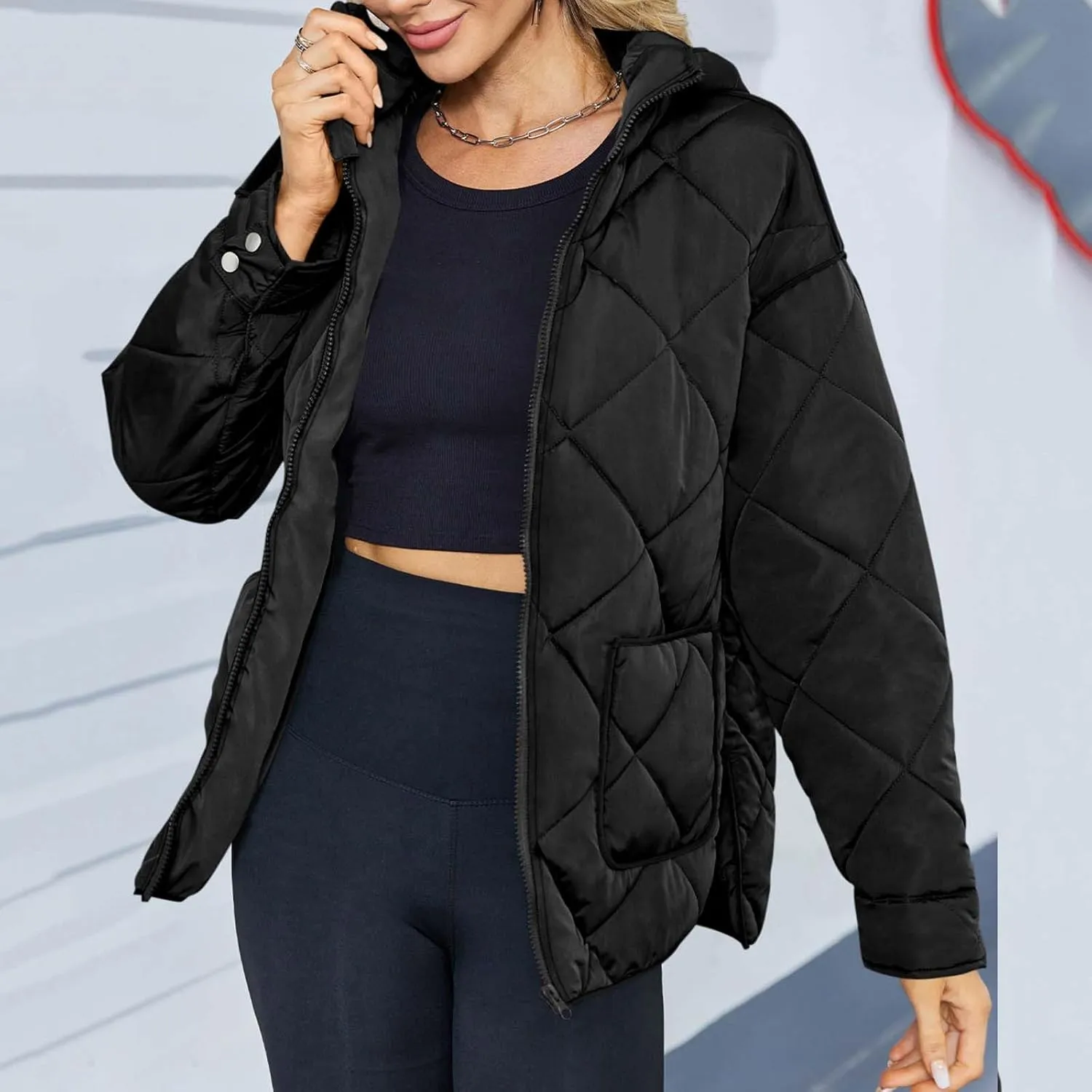 Quilted Puffer Jacket Women Zip up Padded Coat Lightweight Down Jacket Hooded Winter Coats Thermal Outwear