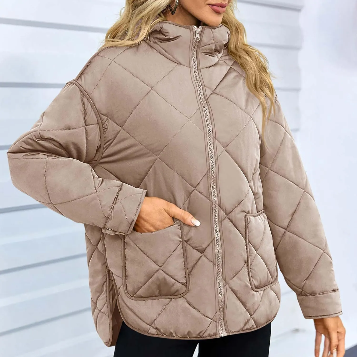 Quilted Puffer Jacket Women Zip up Padded Coat Lightweight Down Jacket Hooded Winter Coats Thermal Outwear