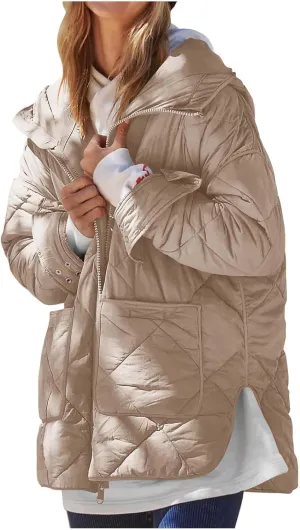 Quilted Puffer Jacket Women Zip up Padded Coat Lightweight Down Jacket Hooded Winter Coats Thermal Outwear
