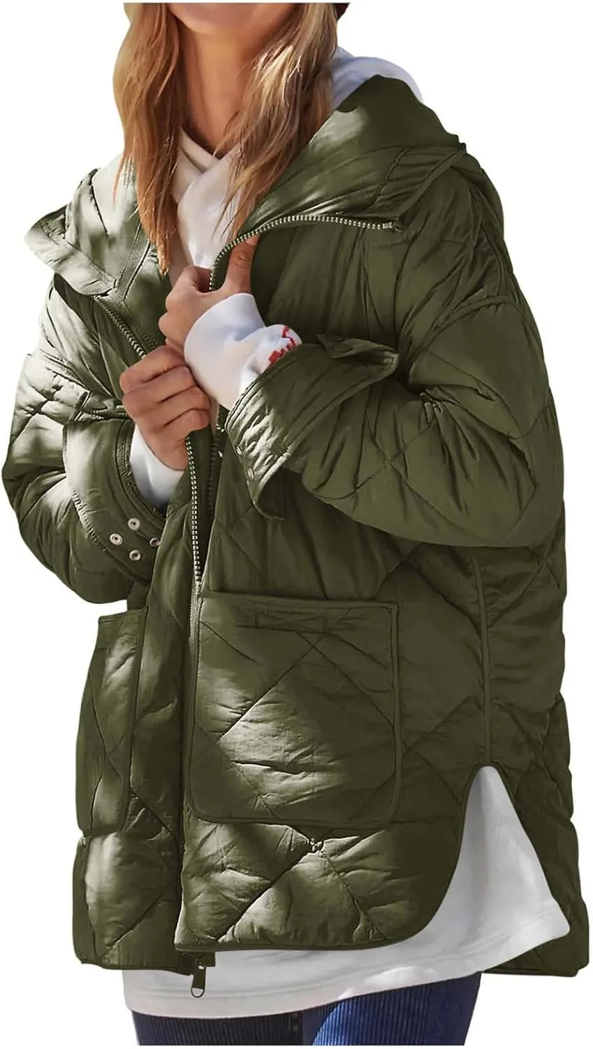 Quilted Puffer Jacket Women Zip up Padded Coat Lightweight Down Jacket Hooded Winter Coats Thermal Outwear