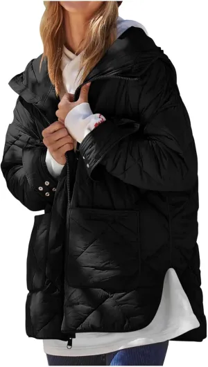 Quilted Puffer Jacket Women Zip up Padded Coat Lightweight Down Jacket Hooded Winter Coats Thermal Outwear