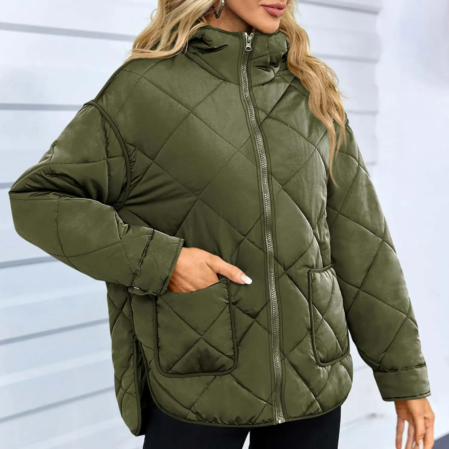 Quilted Puffer Jacket Women Zip up Padded Coat Lightweight Down Jacket Hooded Winter Coats Thermal Outwear