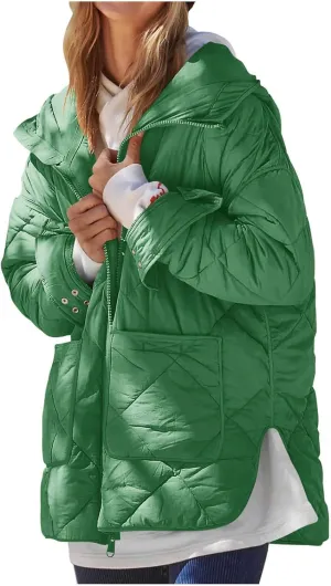 Quilted Puffer Jacket Women Zip up Padded Coat Lightweight Down Jacket Hooded Winter Coats Thermal Outwear