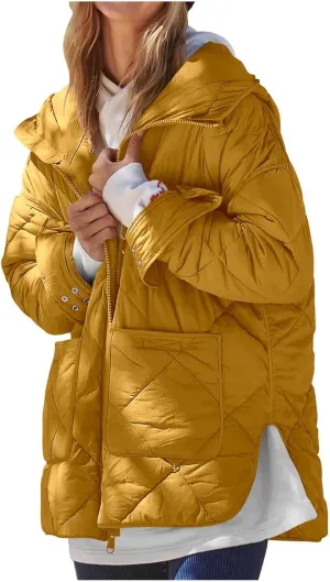 Quilted Puffer Jacket Women Zip up Padded Coat Lightweight Down Jacket Hooded Winter Coats Thermal Outwear