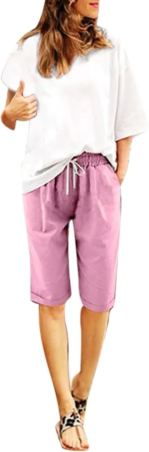 QWENTMTNTY Womens Cotton Linen Bermuda Shorts Elastic Waist Casual Summer Plus Size Shorts with Pockets Workout Beach Shorts