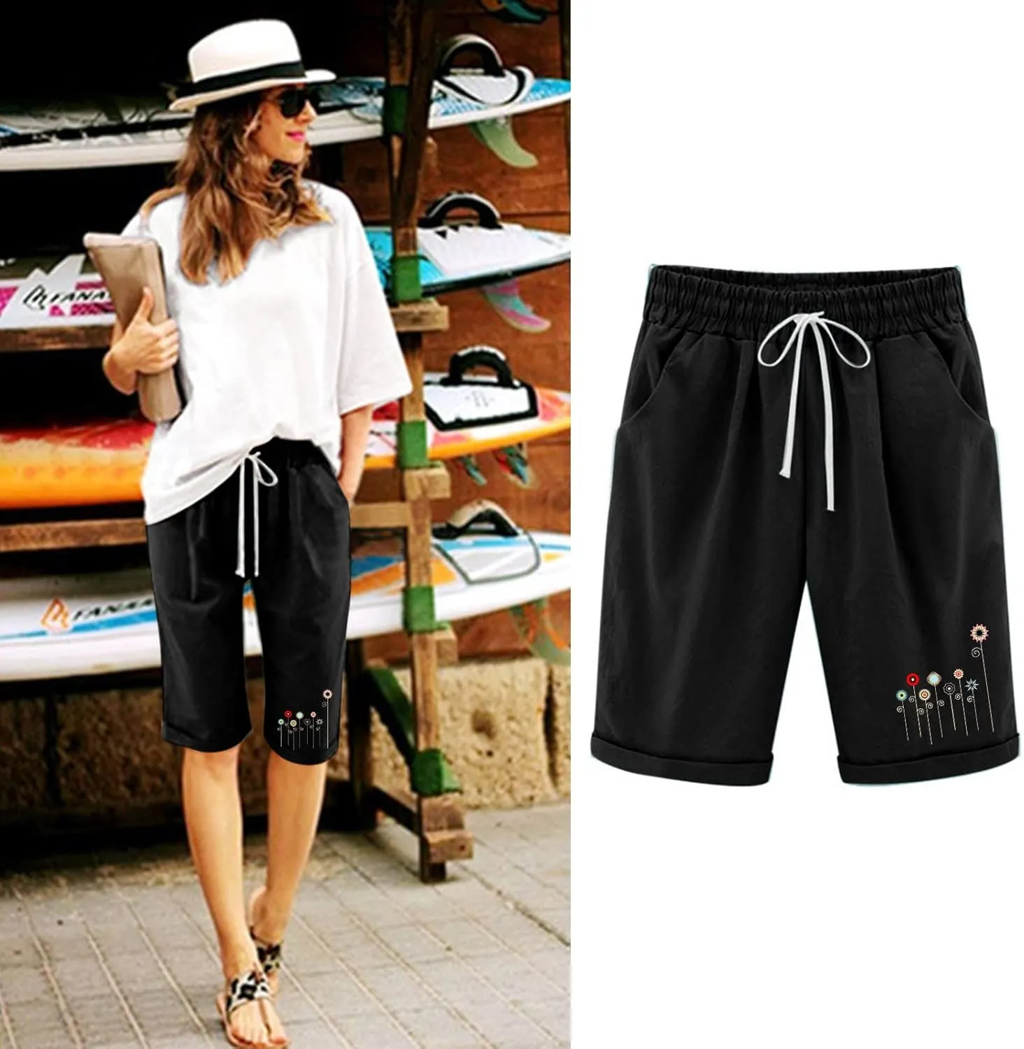 QWENTMTNTY Womens Cotton Linen Bermuda Shorts Elastic Waist Casual Summer Plus Size Shorts with Pockets Workout Beach Shorts
