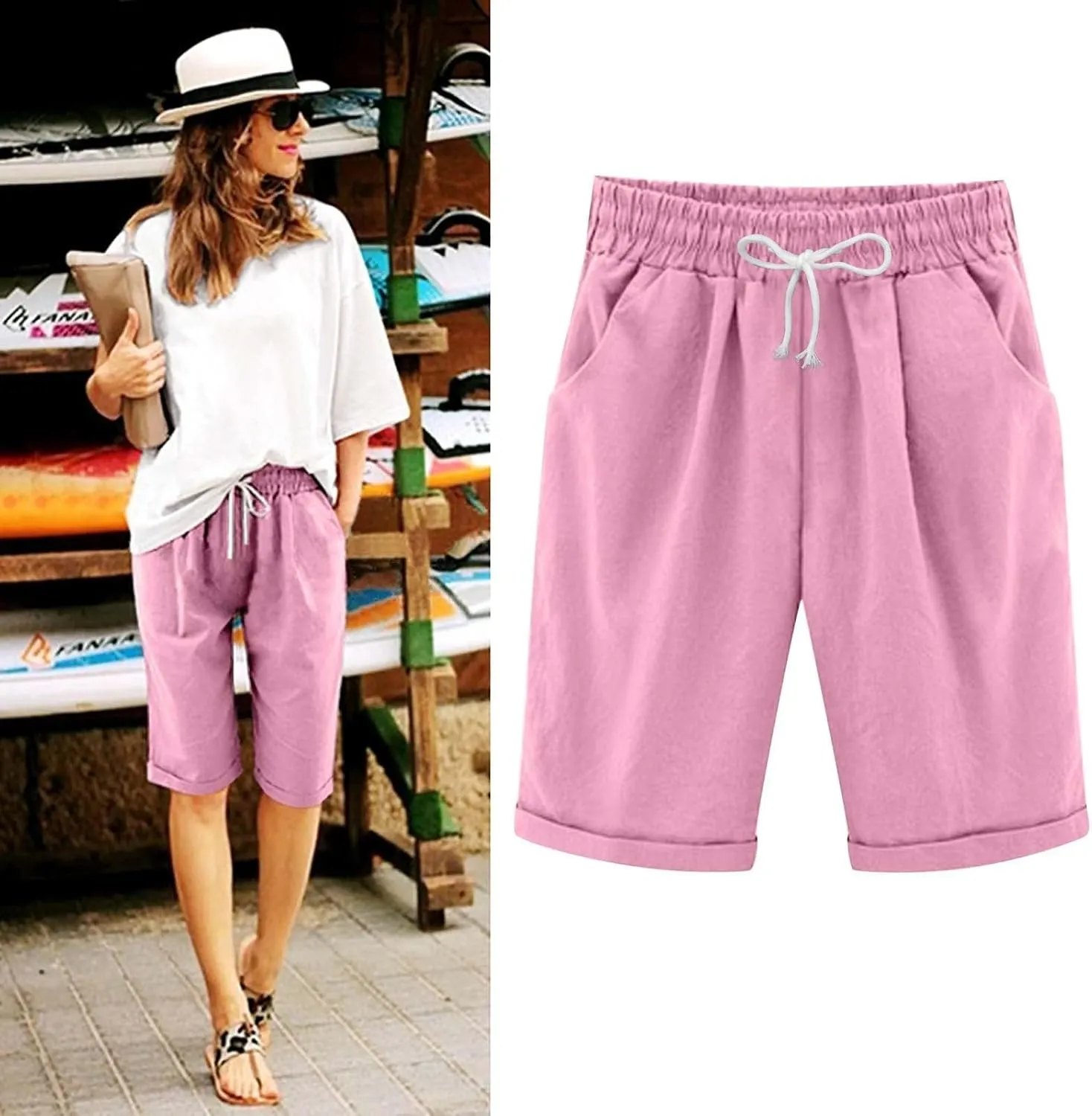 QWENTMTNTY Womens Cotton Linen Bermuda Shorts Elastic Waist Casual Summer Plus Size Shorts with Pockets Workout Beach Shorts