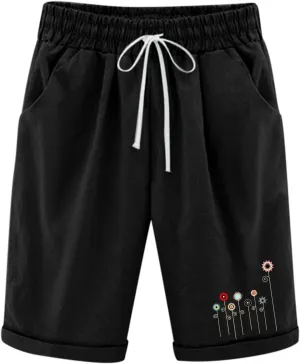 QWENTMTNTY Womens Cotton Linen Bermuda Shorts Elastic Waist Casual Summer Plus Size Shorts with Pockets Workout Beach Shorts