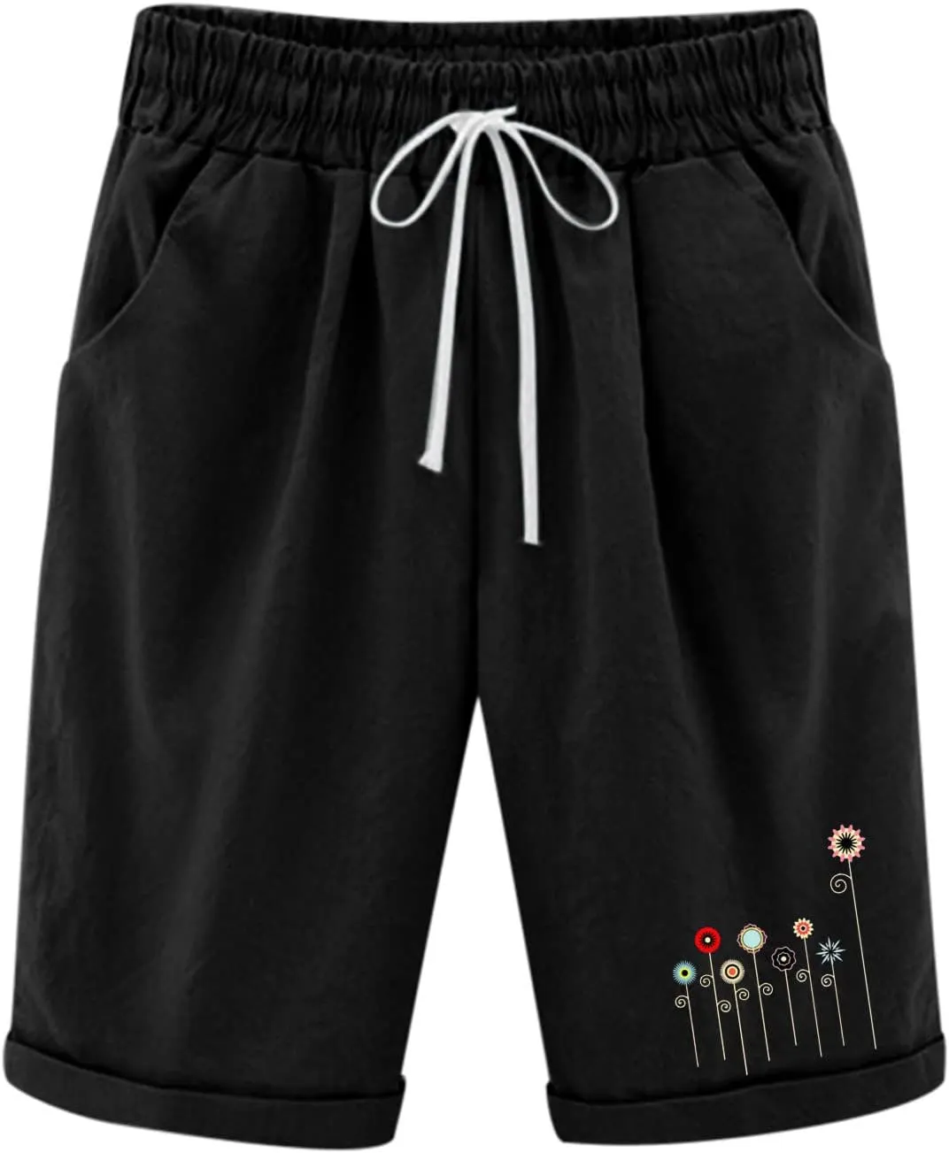 QWENTMTNTY Womens Cotton Linen Bermuda Shorts Elastic Waist Casual Summer Plus Size Shorts with Pockets Workout Beach Shorts