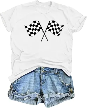 Racing Shirts for Women: Race Day Tees Checkered Flag Graphic T-Shirts Racecar Lover Short Sleeve Blouse Tops