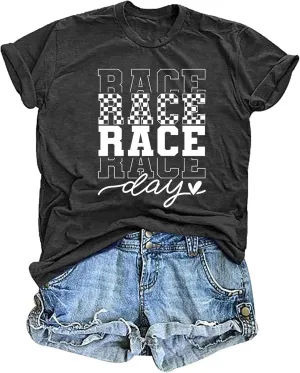 Racing Shirts for Women: Race Day Tees Checkered Flag Graphic T-Shirts Racecar Lover Short Sleeve Blouse Tops