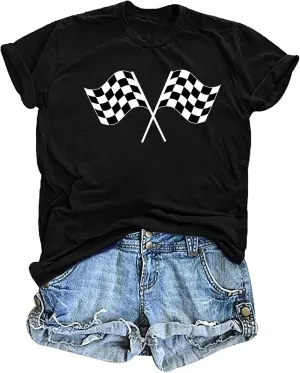 Racing Shirts for Women: Race Day Tees Checkered Flag Graphic T-Shirts Racecar Lover Short Sleeve Blouse Tops