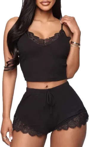 RUEWEY Women's V-Neck Sleeveless Pajamas Set Lace Cami Set with Short Pants Sleepwear PJ Set Nightwear