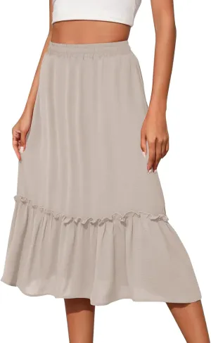 Ruffle Bohemian Skirts for Women Spring Summer Beach Long Skirt Solid Flowy Swing Midi Half Dress 2025 Trendy