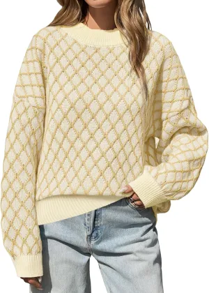 Saodimallsu Womens Checkered Argyle Sweater Mock Neck Oversized Puff Sleeve Knit Drop Shoulder Pullover Tops