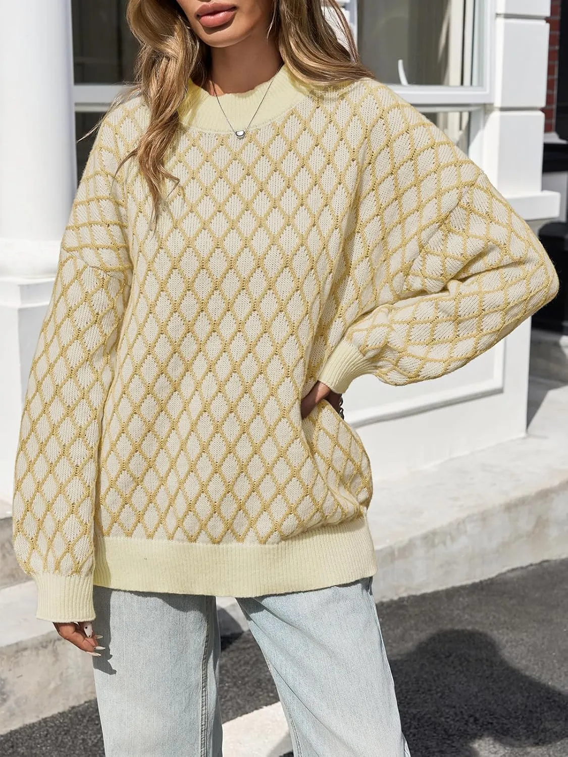 Saodimallsu Womens Checkered Argyle Sweater Mock Neck Oversized Puff Sleeve Knit Drop Shoulder Pullover Tops