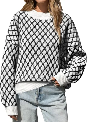 Saodimallsu Womens Checkered Argyle Sweater Mock Neck Oversized Puff Sleeve Knit Drop Shoulder Pullover Tops