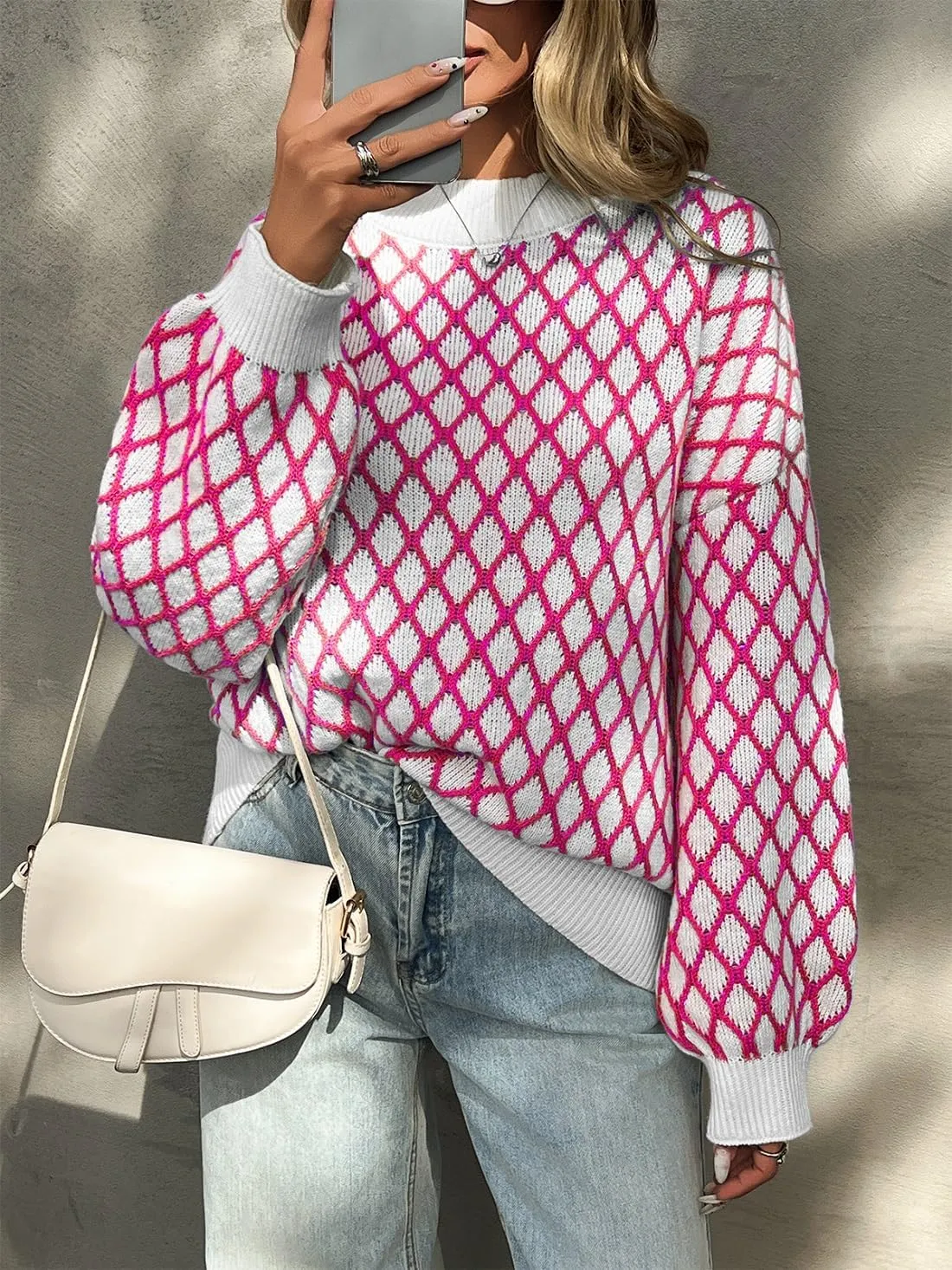 Saodimallsu Womens Checkered Argyle Sweater Mock Neck Oversized Puff Sleeve Knit Drop Shoulder Pullover Tops