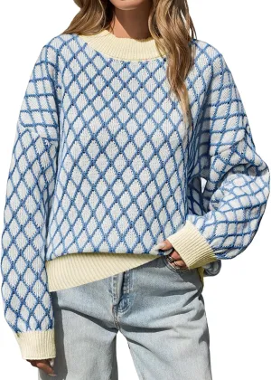 Saodimallsu Womens Checkered Argyle Sweater Mock Neck Oversized Puff Sleeve Knit Drop Shoulder Pullover Tops