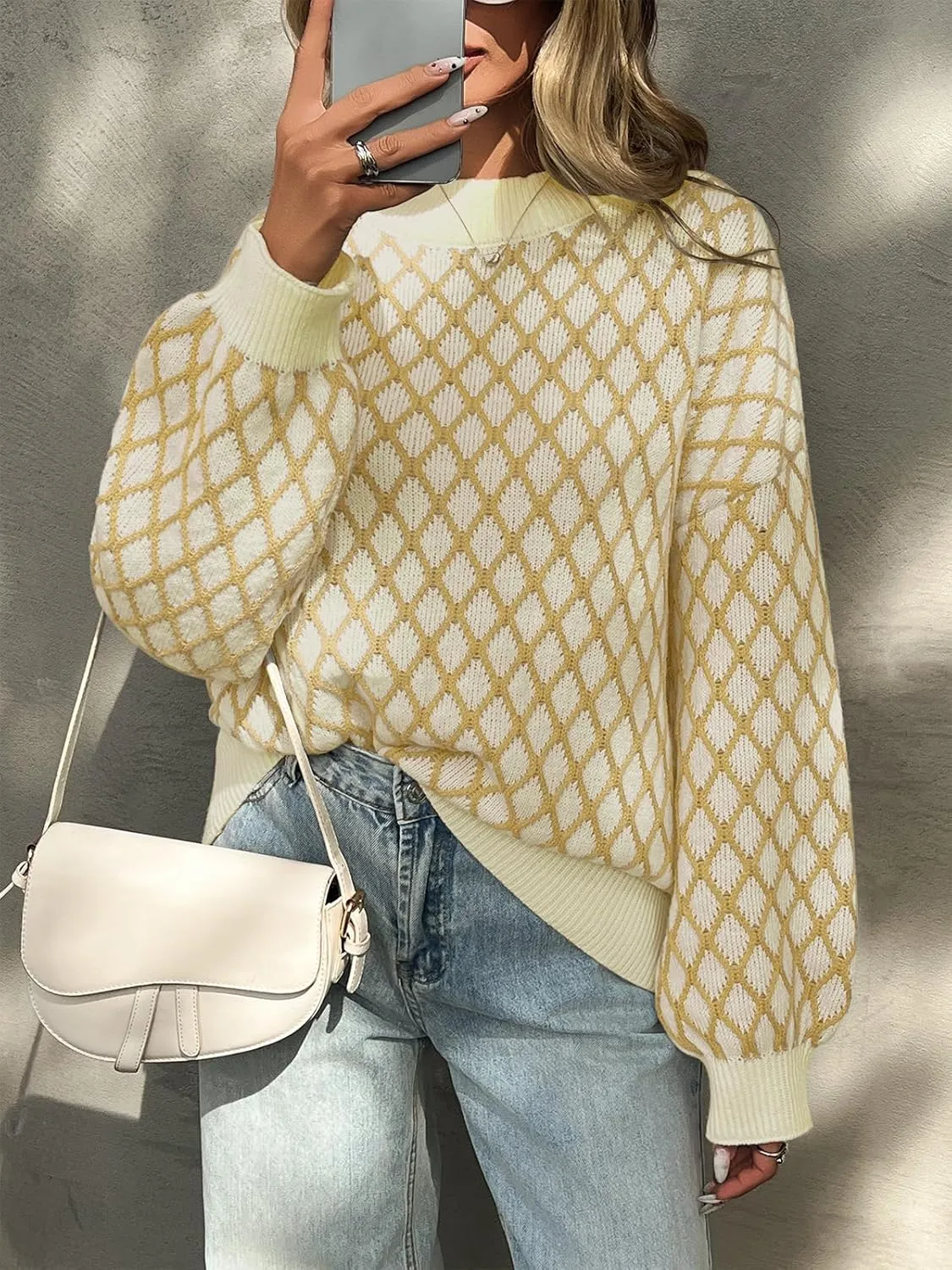 Saodimallsu Womens Checkered Argyle Sweater Mock Neck Oversized Puff Sleeve Knit Drop Shoulder Pullover Tops