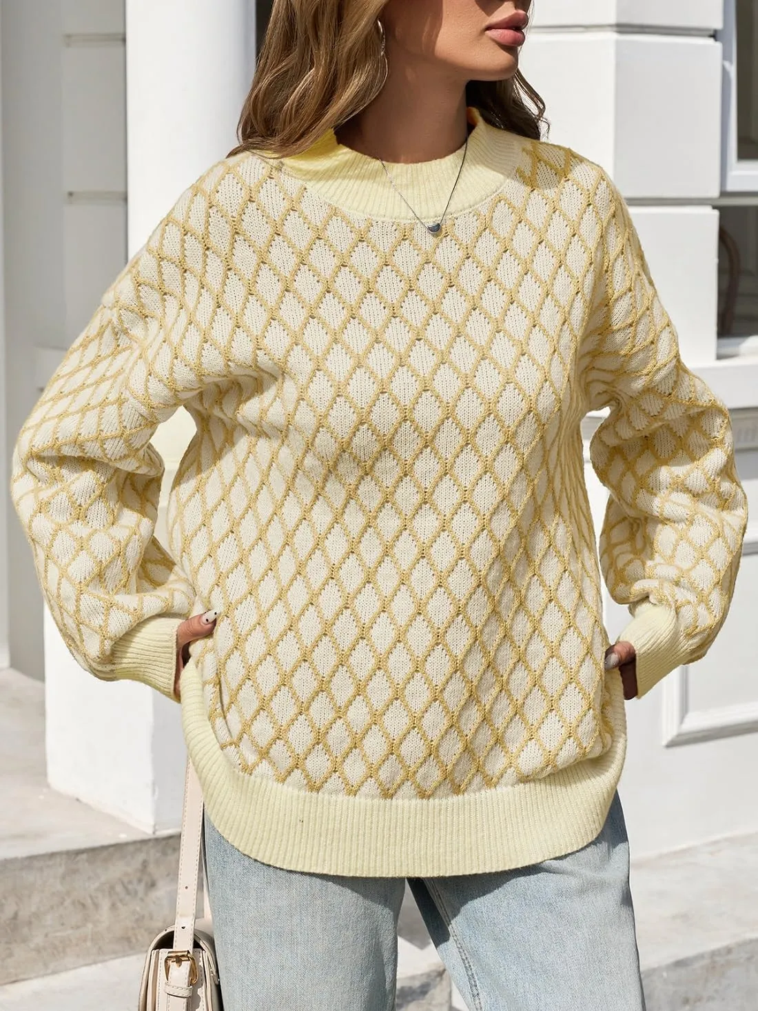 Saodimallsu Womens Checkered Argyle Sweater Mock Neck Oversized Puff Sleeve Knit Drop Shoulder Pullover Tops