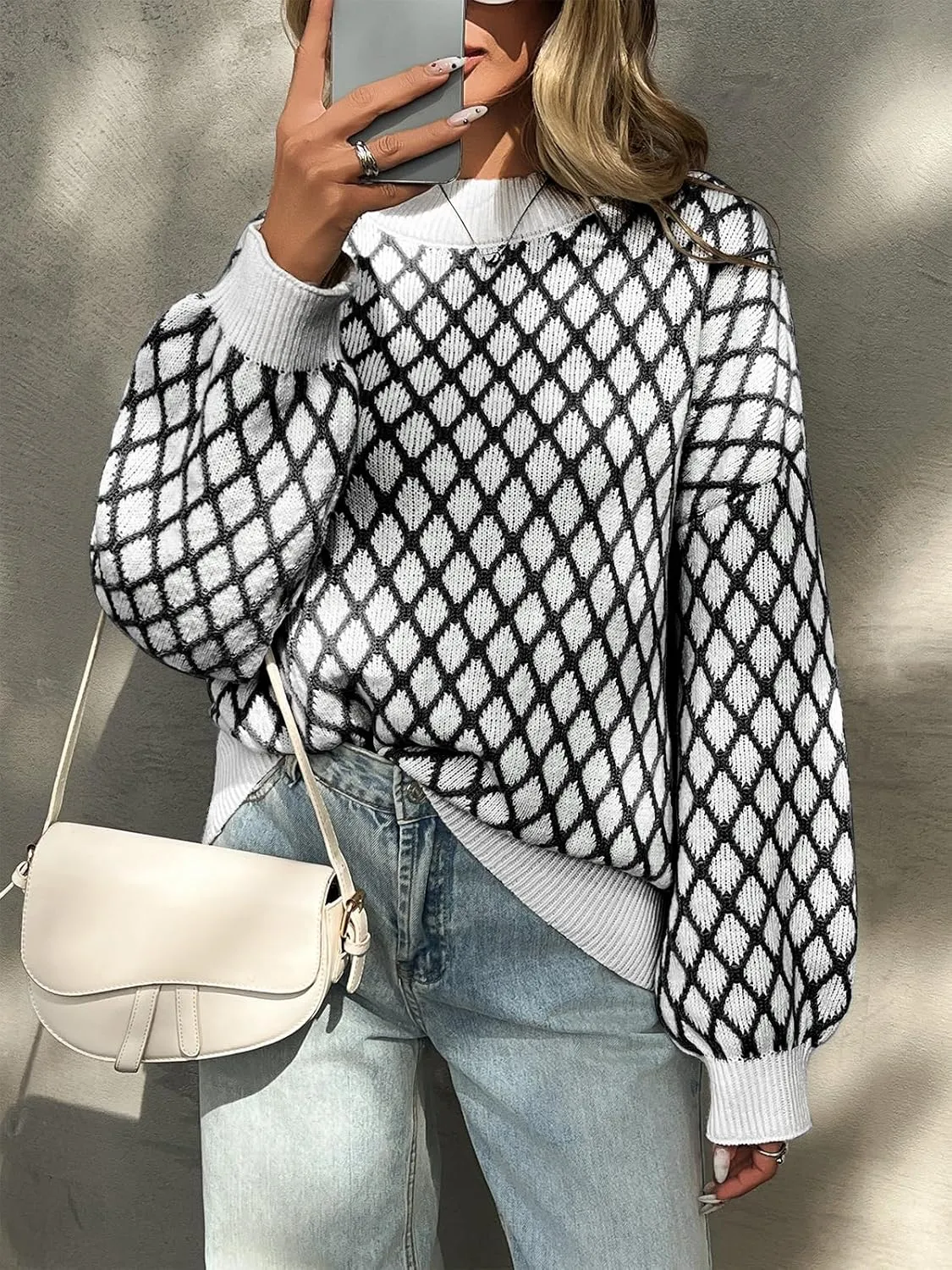 Saodimallsu Womens Checkered Argyle Sweater Mock Neck Oversized Puff Sleeve Knit Drop Shoulder Pullover Tops