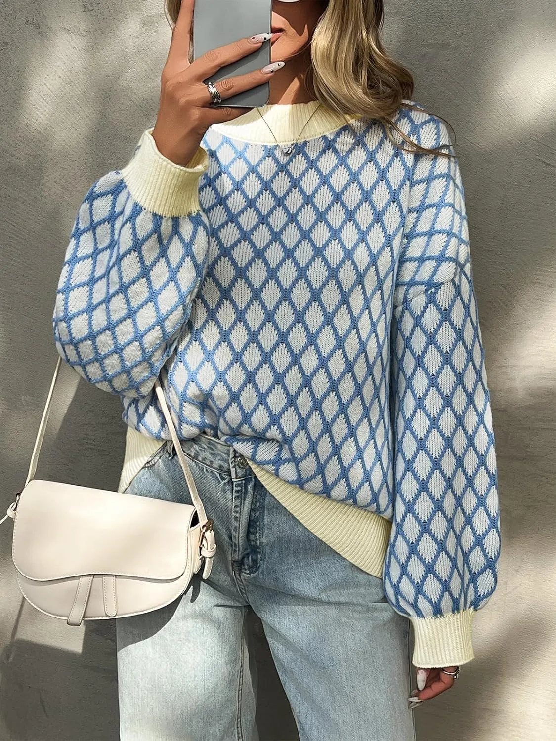 Saodimallsu Womens Checkered Argyle Sweater Mock Neck Oversized Puff Sleeve Knit Drop Shoulder Pullover Tops