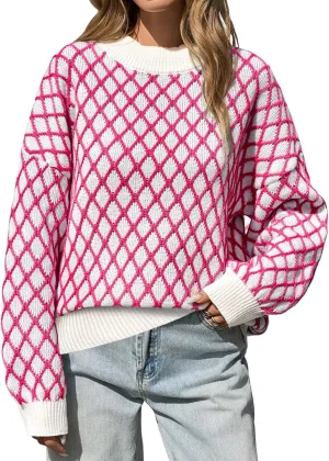 Saodimallsu Womens Checkered Argyle Sweater Mock Neck Oversized Puff Sleeve Knit Drop Shoulder Pullover Tops