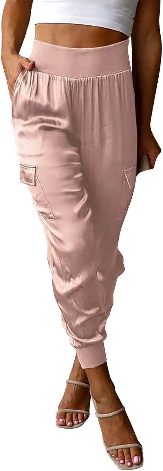 Satin Joggers for Women Dressy Casual Elastic High Waist Ankle Length Tapered Cargo Pants Workout Yoga Lounge Trousers