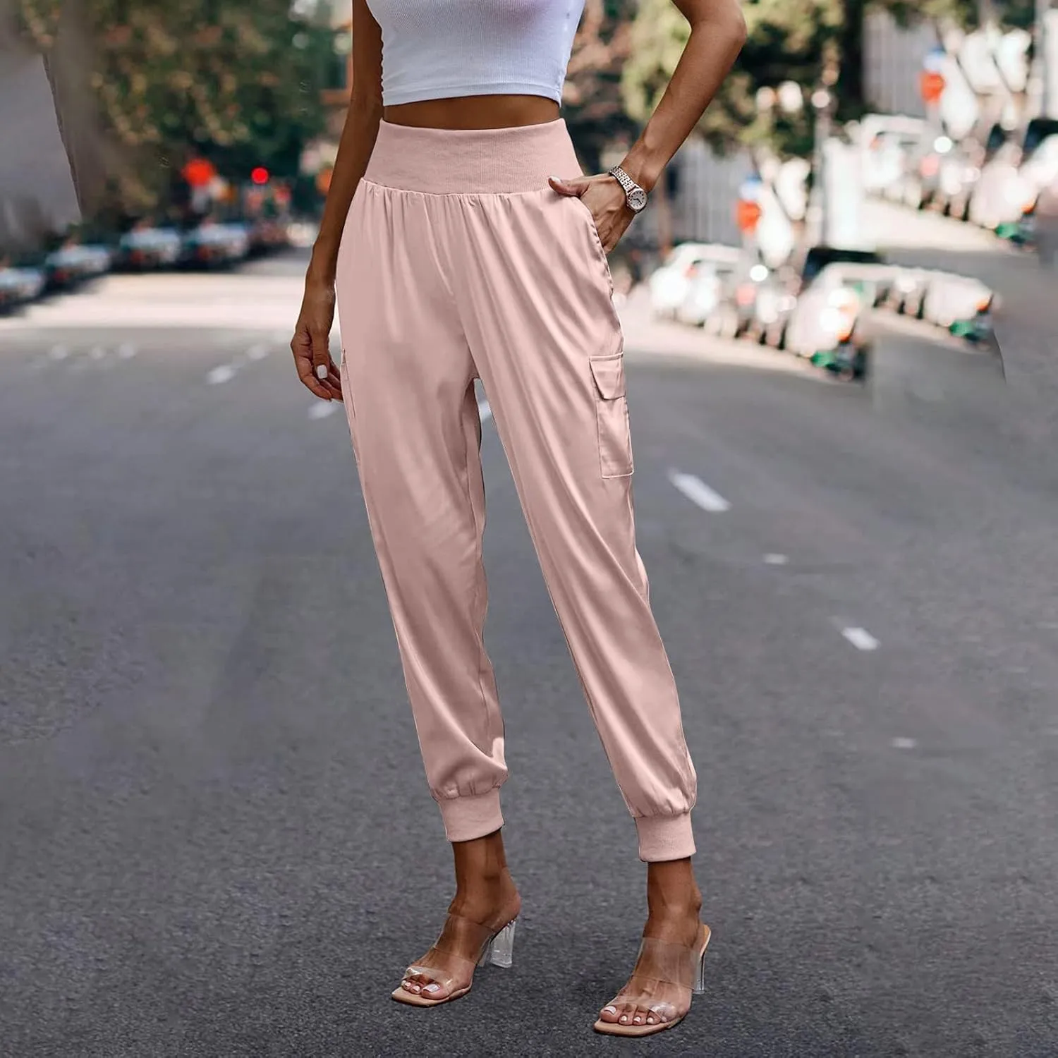Satin Joggers for Women Dressy Casual Elastic High Waist Ankle Length Tapered Cargo Pants Workout Yoga Lounge Trousers