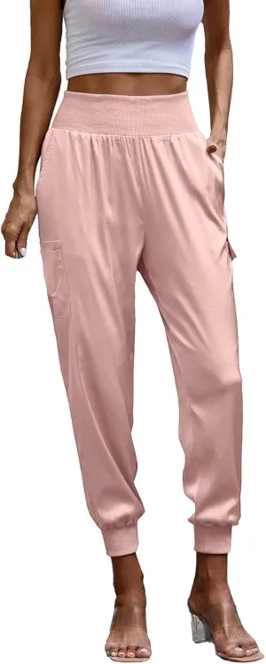 Satin Joggers for Women Dressy Casual Elastic High Waist Ankle Length Tapered Cargo Pants Workout Yoga Lounge Trousers