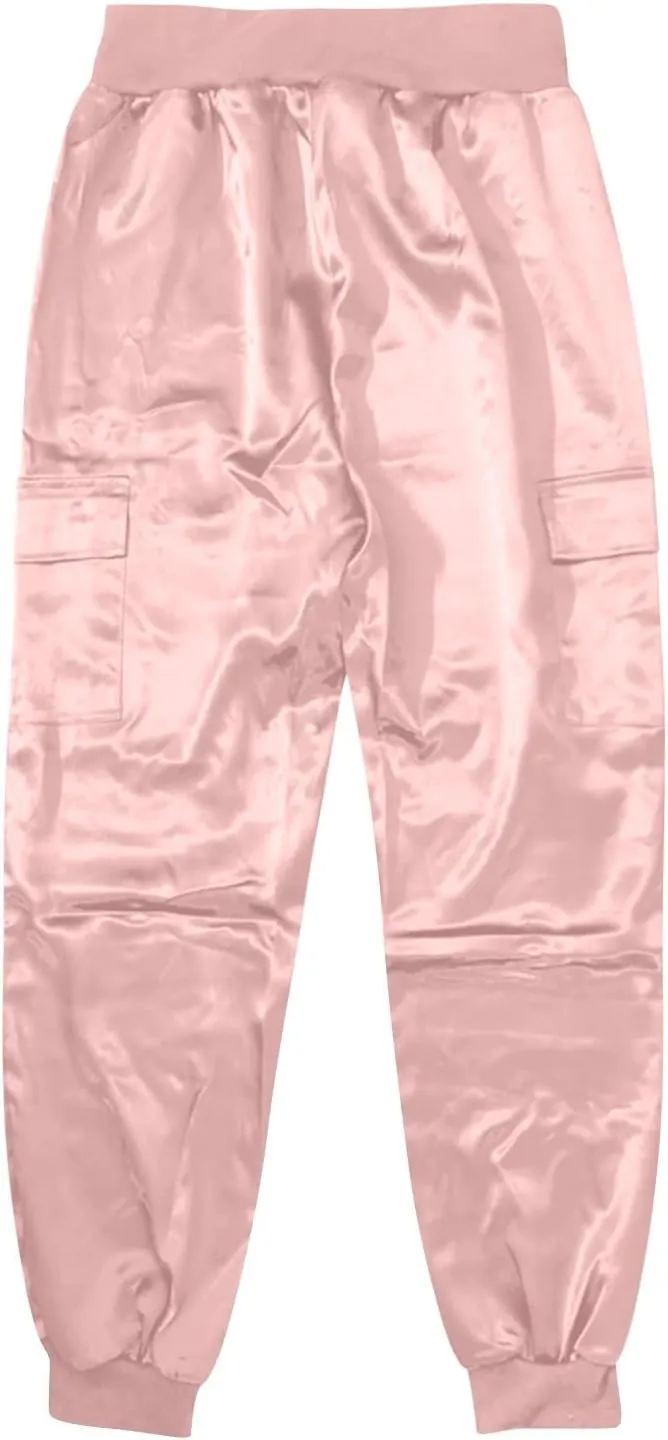 Satin Joggers for Women Dressy Casual Elastic High Waist Ankle Length Tapered Cargo Pants Workout Yoga Lounge Trousers