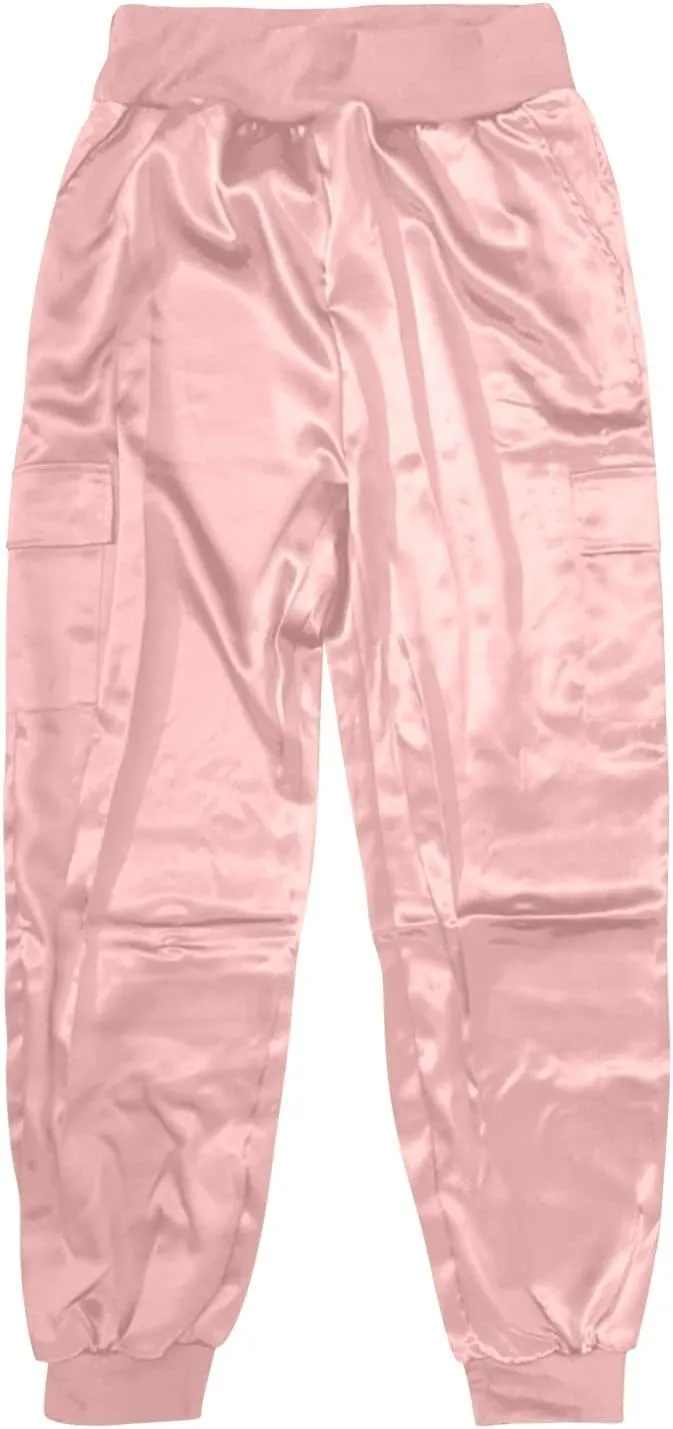 Satin Joggers for Women Dressy Casual Elastic High Waist Ankle Length Tapered Cargo Pants Workout Yoga Lounge Trousers