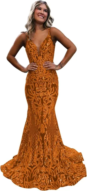 Sequin Mermaid Prom Dresses for Women Long Sparkly Open Back Formal Evening Party Dress