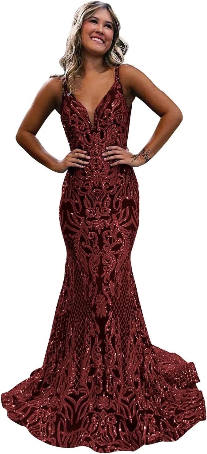 Sequin Mermaid Prom Dresses for Women Long Sparkly Open Back Formal Evening Party Dress