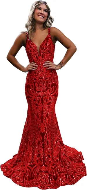 Sequin Mermaid Prom Dresses for Women Long Sparkly Open Back Formal Evening Party Dress