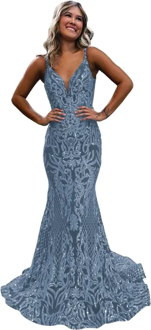 Sequin Mermaid Prom Dresses for Women Long Sparkly Open Back Formal Evening Party Dress