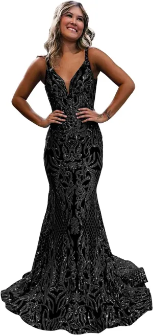 Sequin Mermaid Prom Dresses for Women Long Sparkly Open Back Formal Evening Party Dress