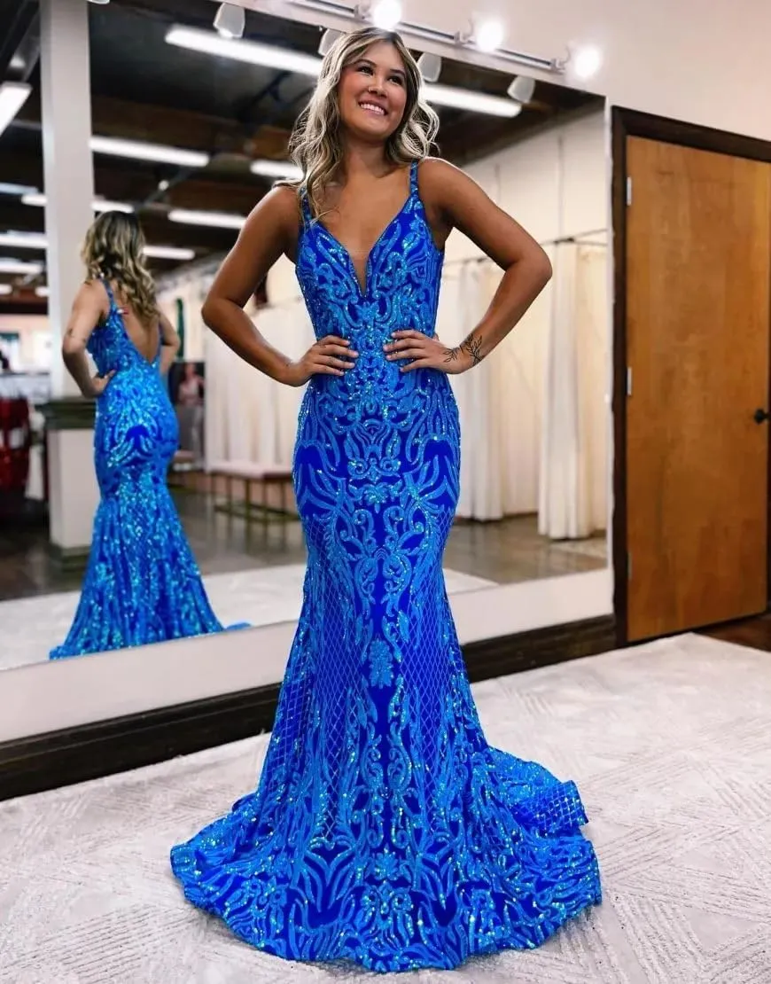Sequin Mermaid Prom Dresses for Women Long Sparkly Open Back Formal Evening Party Dress